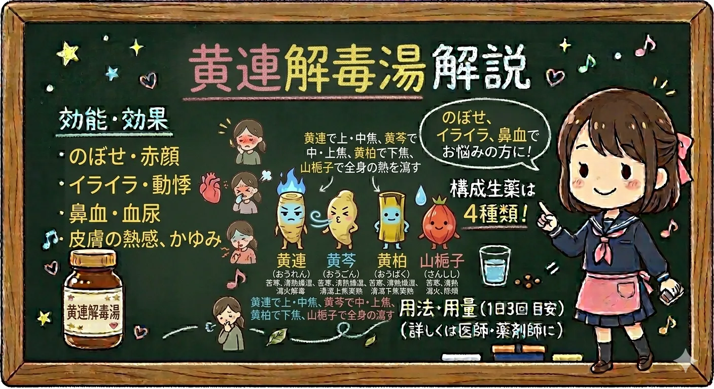 黄連解毒湯（おうれんげどくとう）とは？のぼせ・赤ら顔・不眠に効く漢方を薬剤師が解説